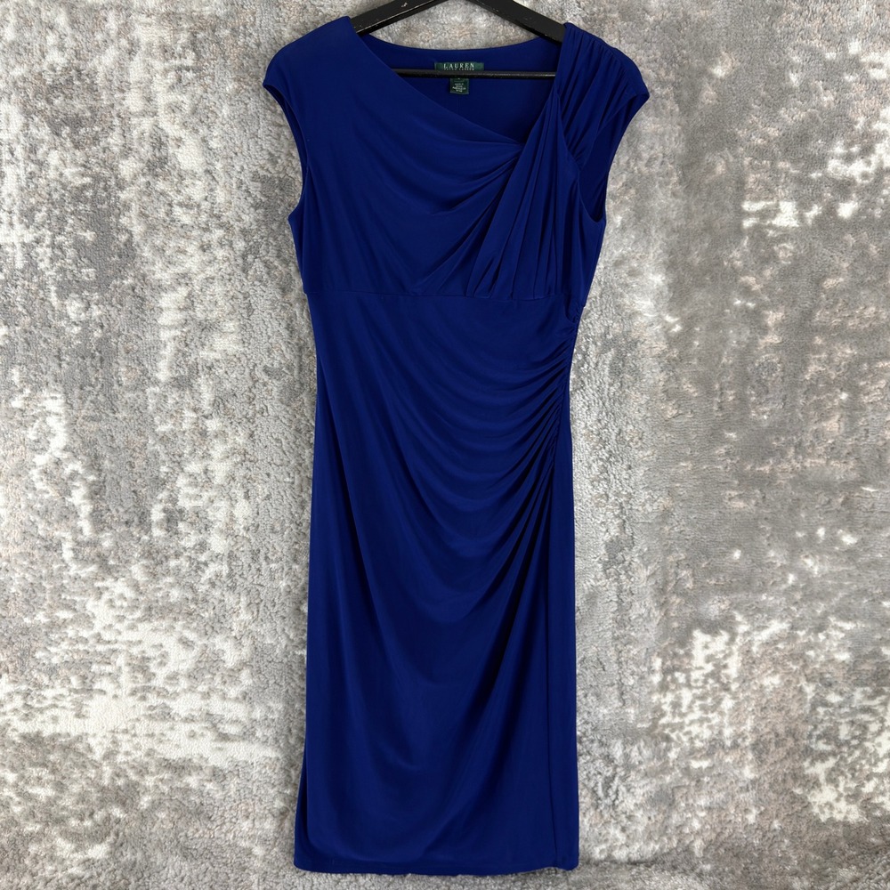 Lauren Ralph Lauren Size 4 Ruched Asymmetric Sheath Dress Blue Cap Sleeve Women